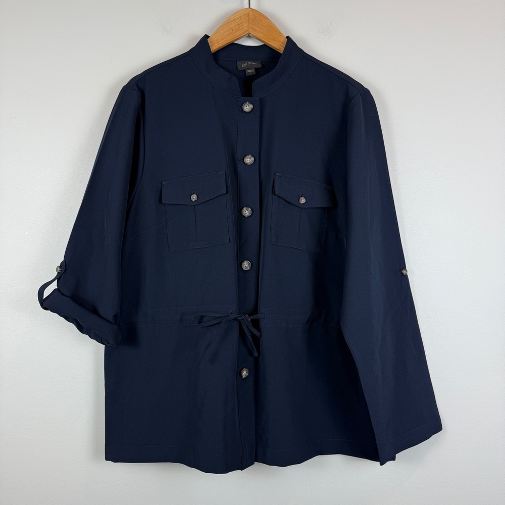 J Jill Wearever Top Womens Large Navy Shirt Jacket Lightweight Roll Tab Sleeves